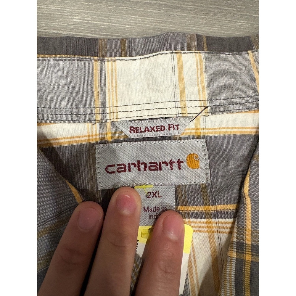 Carhartt Mens shirt 2x Relaxed Fit Plaid Short Sleeve Button Down Grey/yellow - Picture 4 of 5